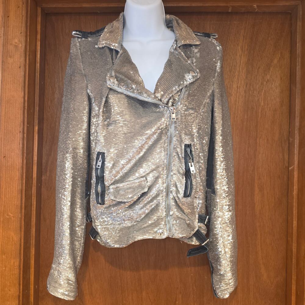IRO "Derick" Silver‎ sequin and black leather Moto Jacket sz 1